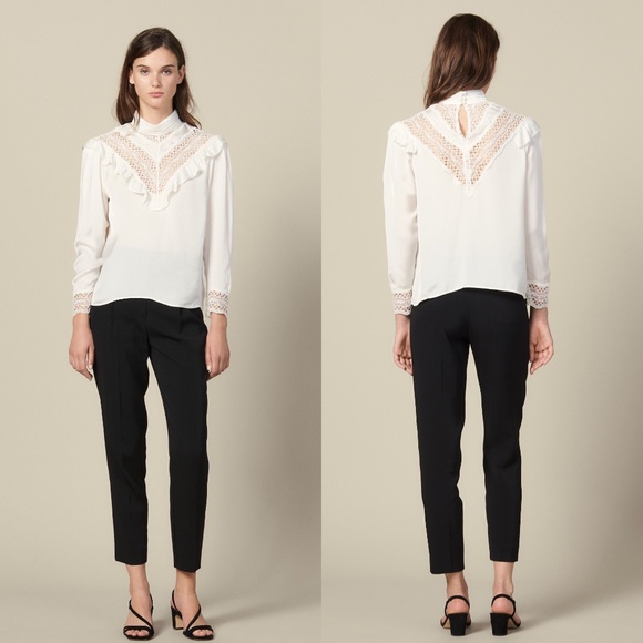 ❌SOLD❌Sandro high neck ruffle lace inset top - Picture 6 of 14